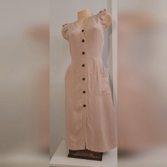 Monteau Medium Blush Dusty Pink Linen Dress with Pockets, Barbie Midi Neutral - Picture 6 of 10